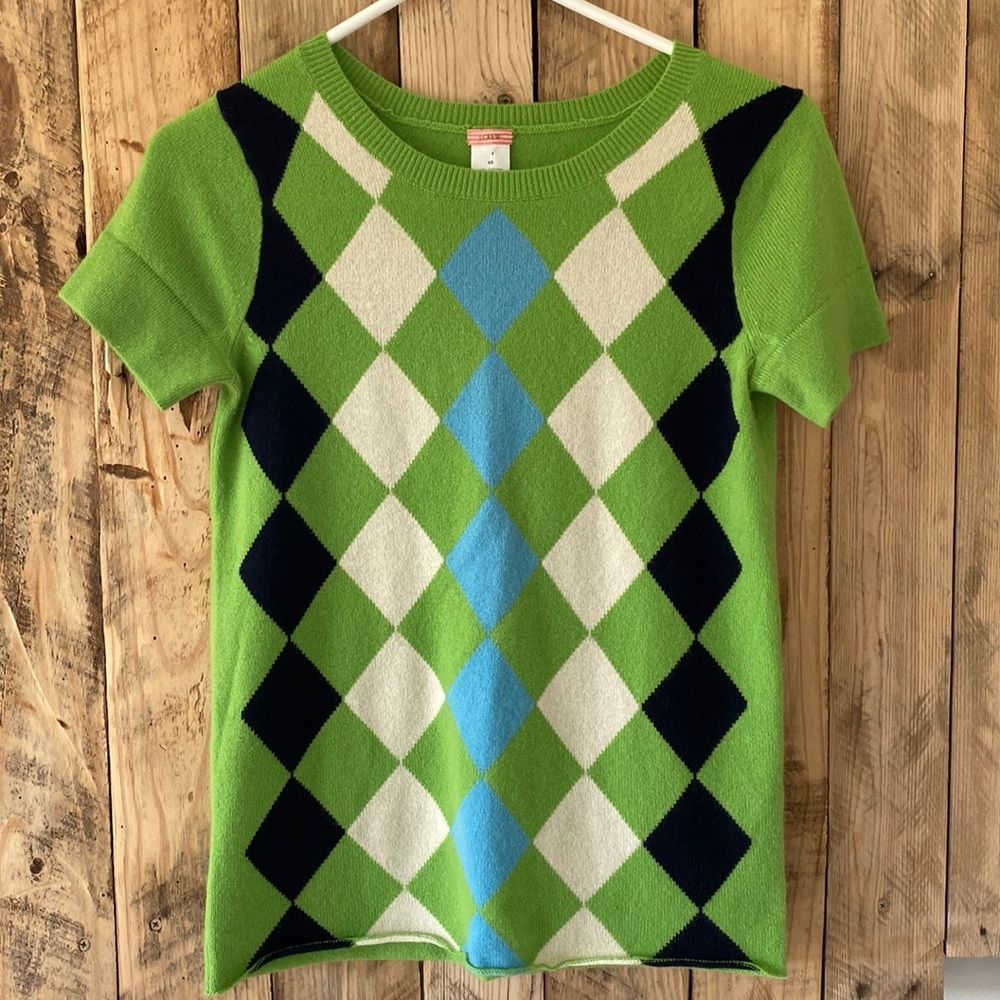 J. Crew Argyle Cashmere Short Sleeve Sweater Top Size Extra Small